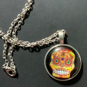 Silver Cabochon Necklace - Sugar Skull